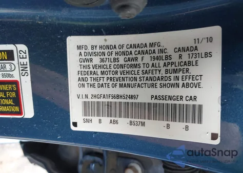 2011 Honda Civic Lx z USA, uszkodzony, nr VIN 2HGFA1F56BH524897